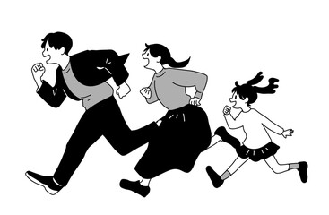 走る家族の手描きイラスト（白黒)
