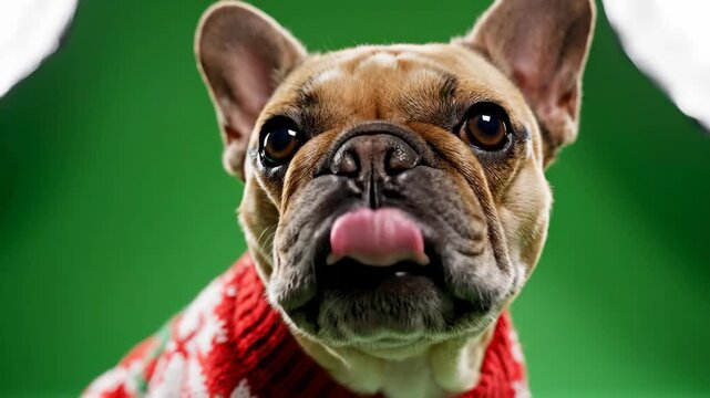 Adorable French Bulldog Wearing a Festive Christmas Sweater.