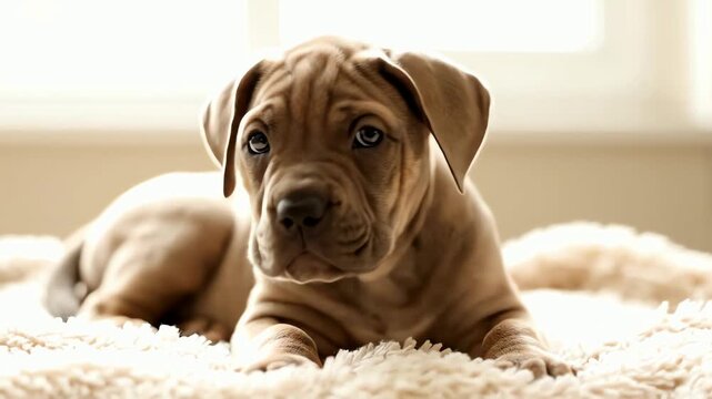 Adorable Great Dane puppy resting on a fluffy blanket looking curious and attentive