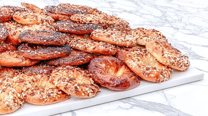Fototapeta premium Freshly Baked Pastries Arranged on a White Marble Surface Ready for Enjoyment by Everyone