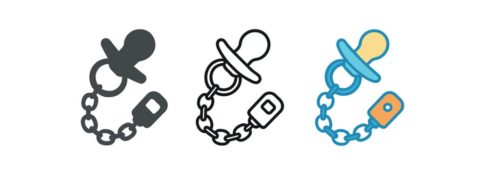 baby care icons one flat solid monochrome one thin black outline black and white one full color flat icon pacifier clip chain