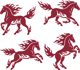 Set of stylized vector silhouettes of horses in motion. Flat style emblems of galloping horses. The symbol of 2026 new year