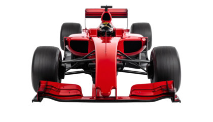 Bold red Formula One race car ready for high-speed action on the track with aerodynamic design and powerful engine