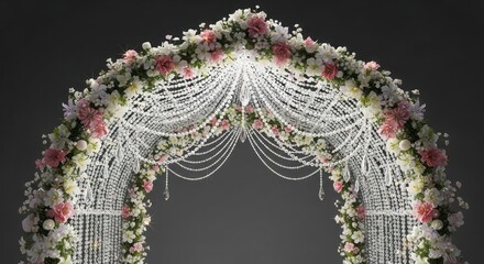 Exquisite floral wedding arch adorned with cascading crystal beads and delicate blossoms