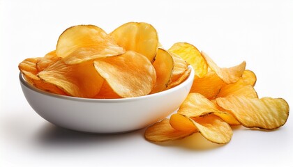 crispy potato chips in white bowl on white background