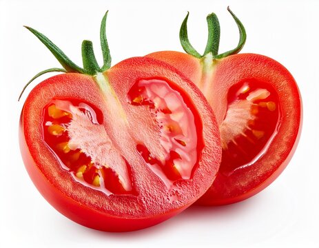 juicy tomato halves isolated on white background detailed macro phot
