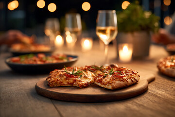 casual dining experience, friends happily enjoying pizza together at a contemporary dinner table in a casual setting