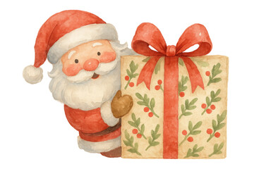 Santa claus peeking from behind a christmas gift box, bringing holiday presents, watercolor illustration with transparent background