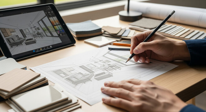 Interior Designer Working on Sketch with Digital Tablet Showing 3D Render