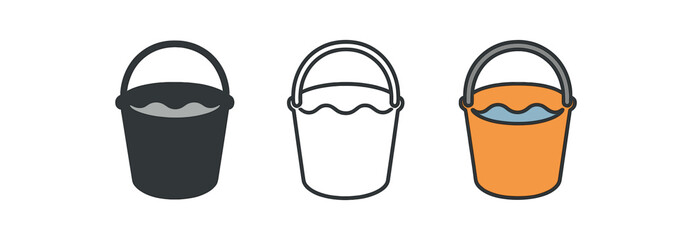 home cleaning icons one flat solid monochrome one thin black outline black and white one full color flat icon bucket with water waves