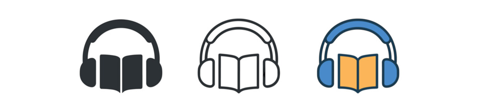 reading icons one flat solid monochrome one thin black outline black and white one full color flat icon audiobook headphones and book