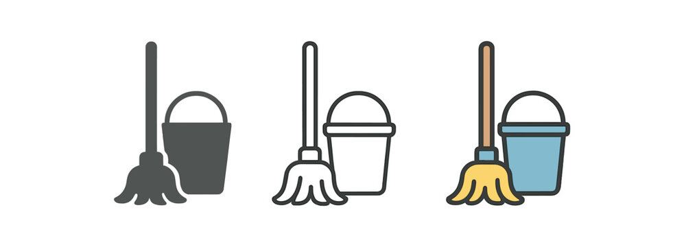 home cleaning icons one flat solid monochrome one thin black outline black and white one full color flat icon mop and bucket