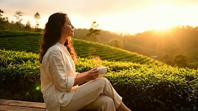 Serene woman relaxing with a hot cup of tea at a beautiful mountain tea plantation during sunrise.