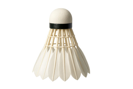 Badminton shuttlecock featuring white feathers and a sturdy cork base with a black band, ready for play. Transparent background