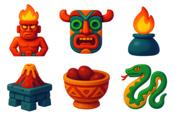 Volcanic Mythology Icons. 3D icon set of volcanic mythology: fire god idol, ritual mask, sacred flame, stone altar, offering bowl,