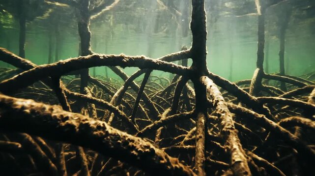Gnarled mangrove roots submerged in murky green brackish water, an intricate underwater forest habitat