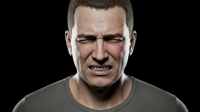 Hyperrealistic 3D animation of a man's face showing extreme pain, distress, and suffering against a black background