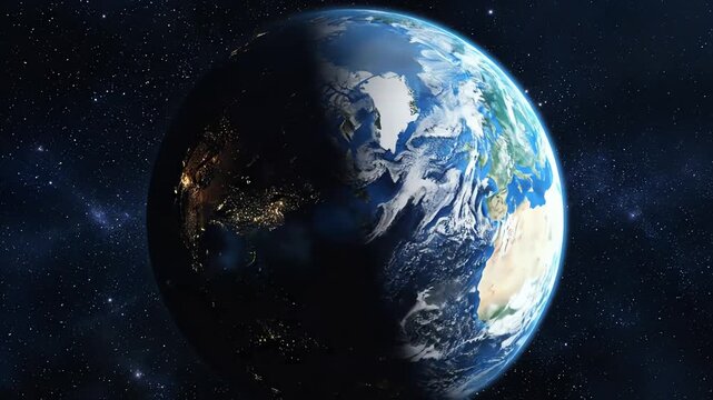 Abstract vertical animation of an elongated ellipsoid Earth rotating in space showing the day to night transition