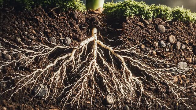 Intricate Plant Roots Delving Deep into Rich, Nourishing Earth in a Detailed Cross-Sectional View