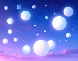esferas de luz blanca flotan sobre un paisaje de part&iacute;culas de luz ne&oacute;n flotantes en una paleta degradada de azul y violeta