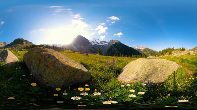 A serene 360 VR panoramic video of a sunlit mountain meadow with wildflowers and snow-capped peaks on a bright summer day
