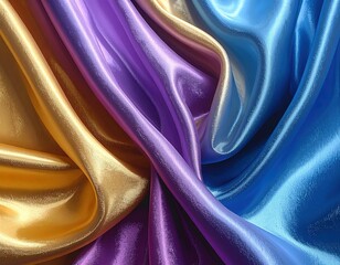 Textura 3D de tres telas de seda muy elegantes, de lujo, dorada, violeta, azul, entrelazadas sensaci&oacute;n de suavidad, pliegues y sombras suaves