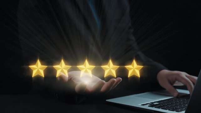 A businessman engages with a laptop, displaying glowing five stars and speech bubbles to illustrate the importance of feedback and online reviews in business success. Qubit