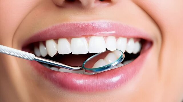 Bright smile getting a dental checkup with a mirror tool for perfect oral hygiene in a modern dentist office video