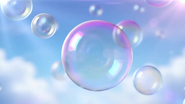 Peaceful and dreamy iridescent soap bubbles floating gently in a sunny blue sky