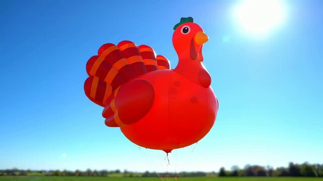 A large red inflatable turkey balloon for Thanksgiving celebration floating in a clear blue sky