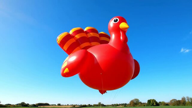 Vibrant red Thanksgiving turkey parade balloon floating high in the sunny blue sky over a green landscape.