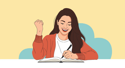 Bright focused student sits at a desk with a notebook and pen as she raises a fist in triumph and smiles with pride after a productive study session.