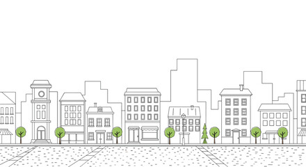 Obraz premium Minimalist line drawing of a city street with trees and a row of buildings creating a calm orderly urban landscape and daily life.