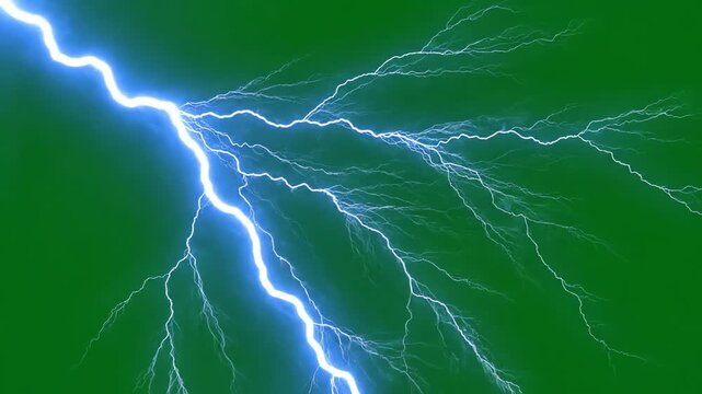 Realistic animated lightning strike with powerful thunder sound effect on a chroma key green screen