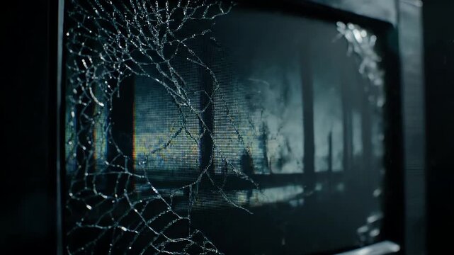 A shattered old television screen flickers with a creepy horror signal and static noise in a dark room