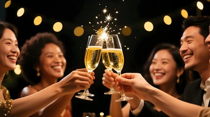Diverse group of friends celebrating a special occasion with a champagne toast, sparkling lights in the background