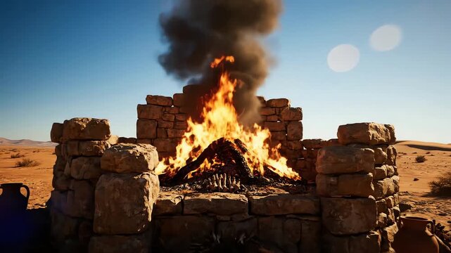 A large ritual fire burning on a stone pyre in a desolate desert landscape with black smoke