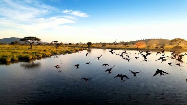 Flock of birds flying low over water at sunset in a savanna landscape