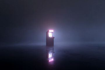 retro arcade aesthetics, neon-lit retro arcade machine in a dark room, radiating s style with moody cinematic vibes