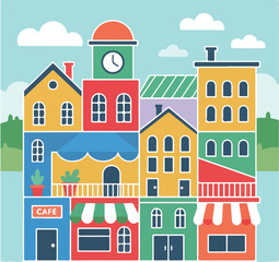Fototapeta premium Colorful Modern Town Buildings Vector – Minimalist Flat Urban Illustration