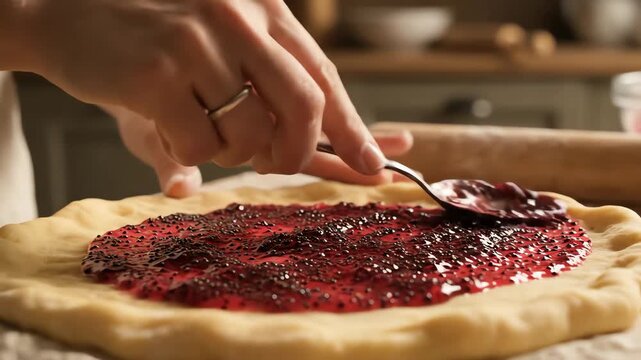 Woman's Hands Preparing a Rustic Fruit Galette Spreading Berry Jam with Poppy Seeds on Dough in a Cozy Kitchen