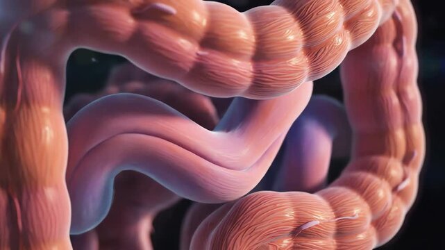 A medical 3D animation showing the peristalsis process within the human intestine and colon