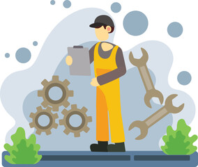 Mechanic checking machine parts with clipboard illustration