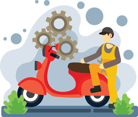 Mechanic repairing red motorcycle with tools illustration