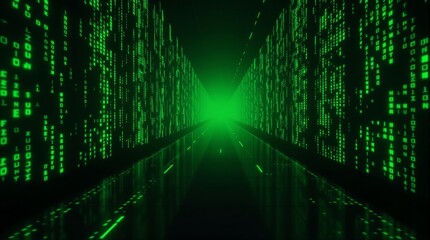 Abstract digital corridor neon green code rain cyberspace dark background with perspective