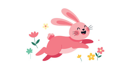 Fototapeta premium Playful pink rabbit leaps joyfully through a bright spring meadow filled with colorful flowers and a cheerful sunny sky.