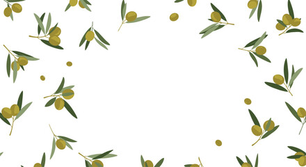 Fototapeta premium Olive branches and golden olives create a decorative border around a white space forming a mediterranean frame for invitations and nature inspired designs.