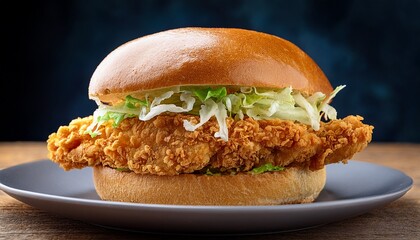 crispy chicken sandwich with shredded lettuce and toasted bun