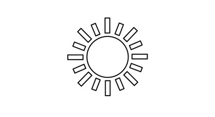 Stylized sun icon with a round center and evenly spaced rectangular rays radiating outward to symbolize brightness and solar energy in a minimal design.