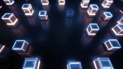 Abstract glowing cubes floating in dark space technological background visualization